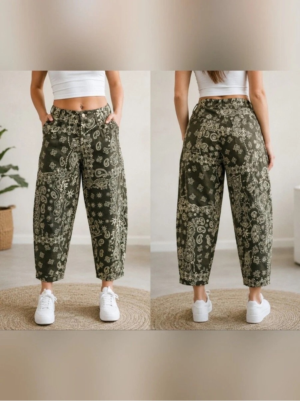 Bandana Print Barrel Leg Jeans Olive Green XXL